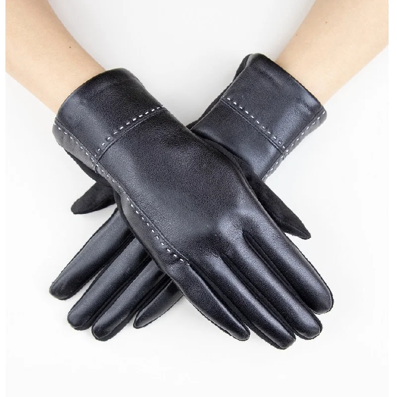 Vegan Faux Leather Black Gloves with Outseam Cross Stitch Details BUY 1 GET 1 FREE