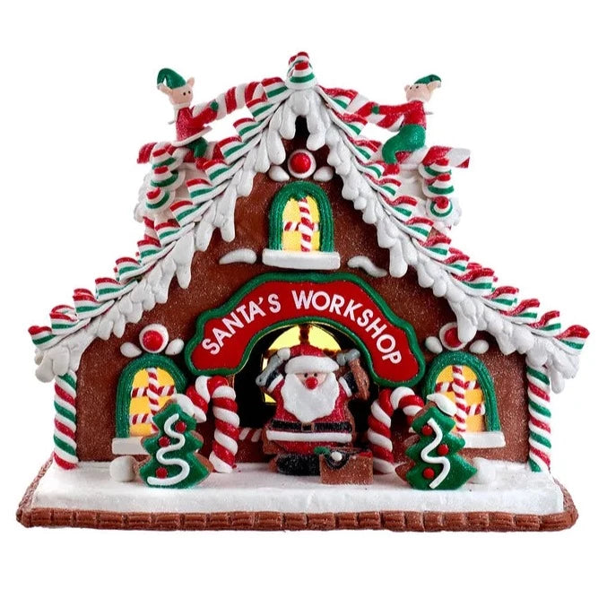 10.5" Battery Operated Light Up Santa's Workshop Claydough Gingerbread House