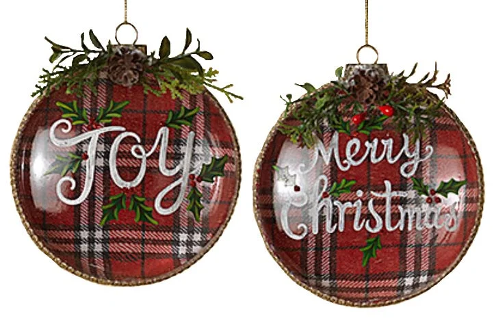 100MM Plaid Glass Disk Ornament (Merry Christmas/Joy)