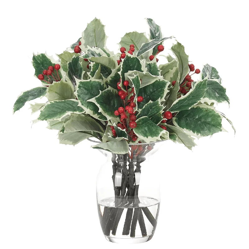 12" Holly Arrangement in Glass Vase