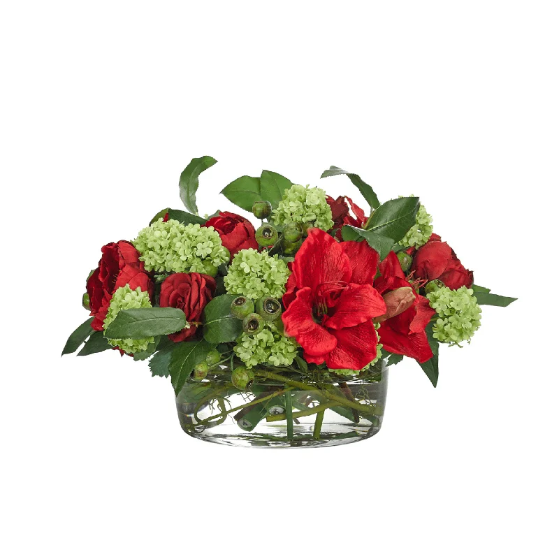 12" Red & Green Peony Hydrangea Arrangement in Glass Bowl