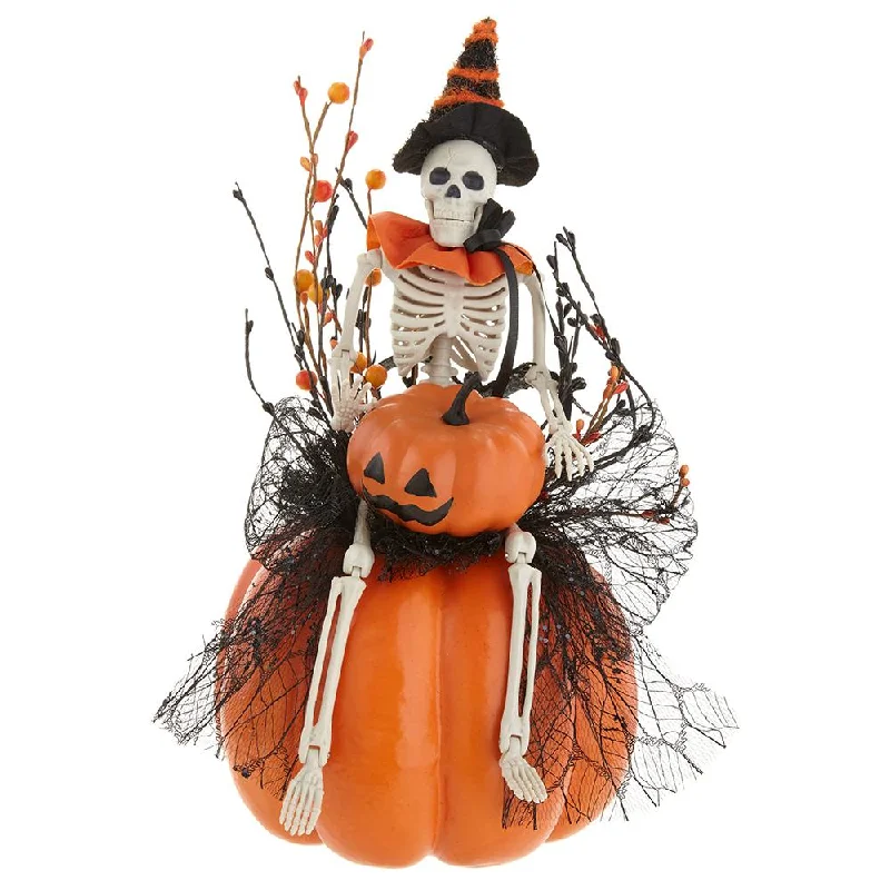 17" Skelton & Bat on Pumpkin, Black / Orange