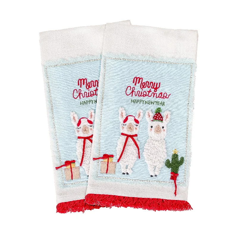 18 in. HGTV Home Collection Merry Christmas Llamas Guest Towel Pair