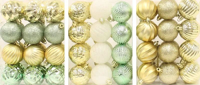 24-Pack of 50MM Christmas Ornaments (Light Green/Gold/White)