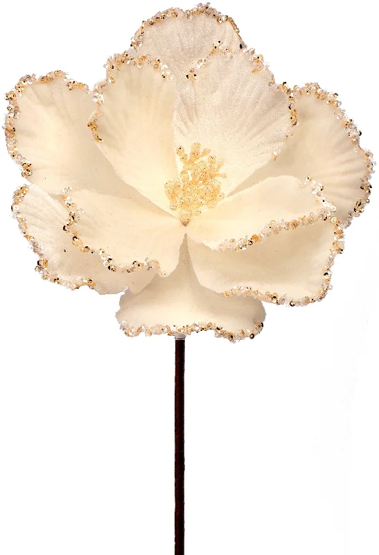 24" Ivory Velvet Magnolia Stem with Glitter Beaded Edges