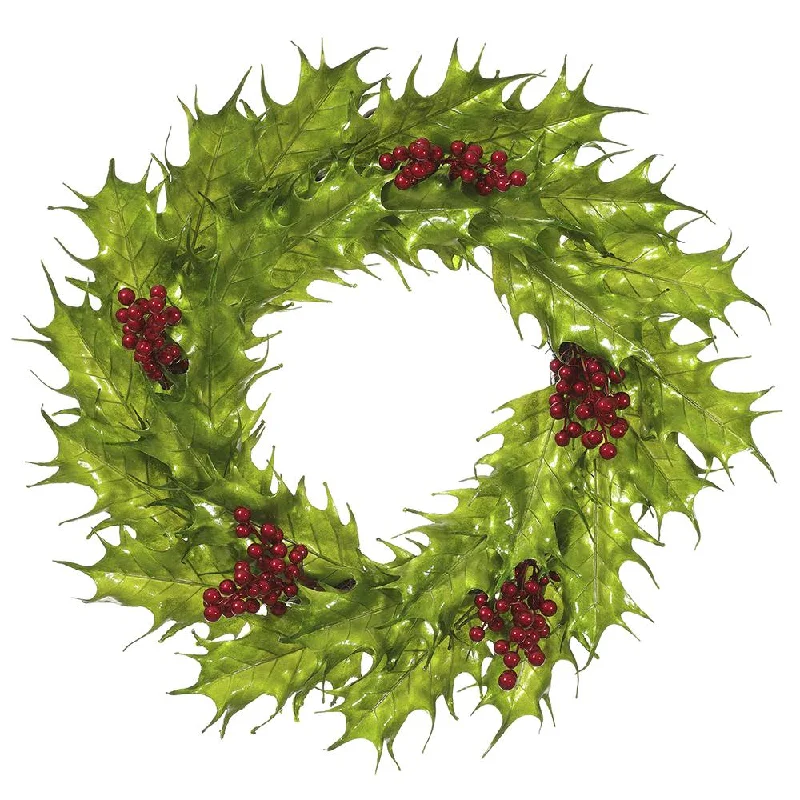 26" Metallic Holly Wreath With Berry (Green / Red)