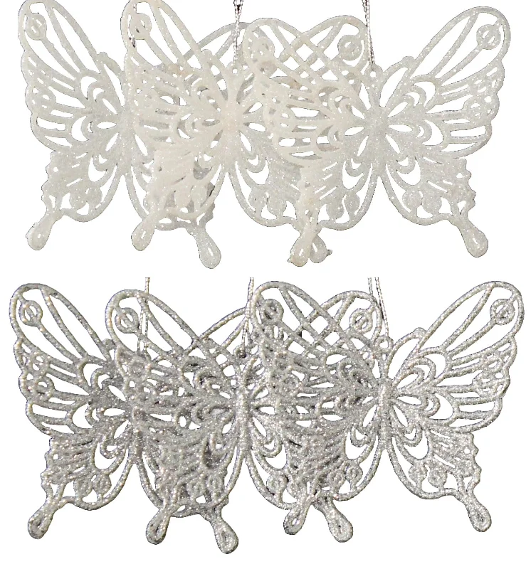 3-Pack of Glitter Butterfly Ornaments (White/Silver)