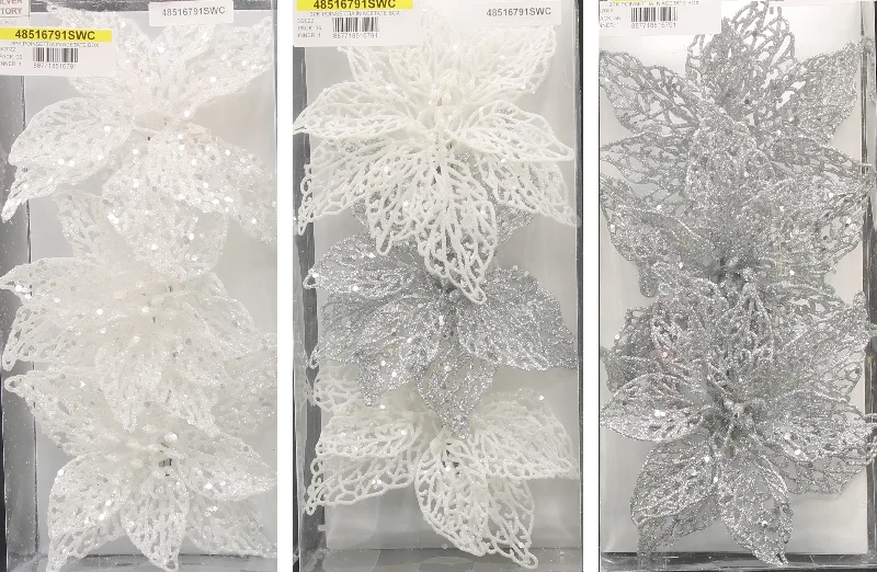 3-Pack of Glitter Poinsettia Silhouette Ornaments (White/Silver)