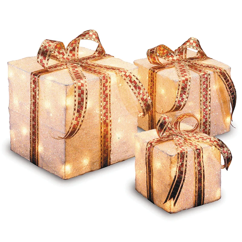 Pre-Lit White and Gold Gift Boxes, Set of Three, White Lights