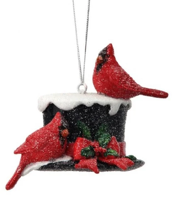 3" Resin Cardinals on Snowy Top Hat Ornament