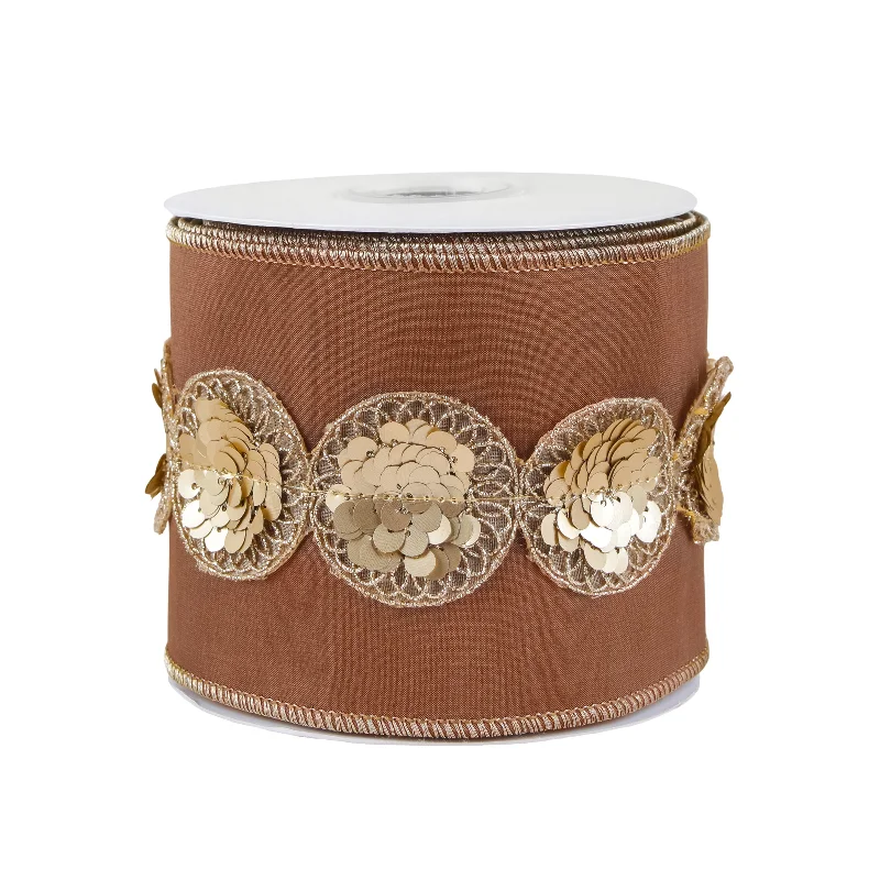 4 in. HGTV Home Collection Sequin Beaded Taffeta Ribbon, Brown