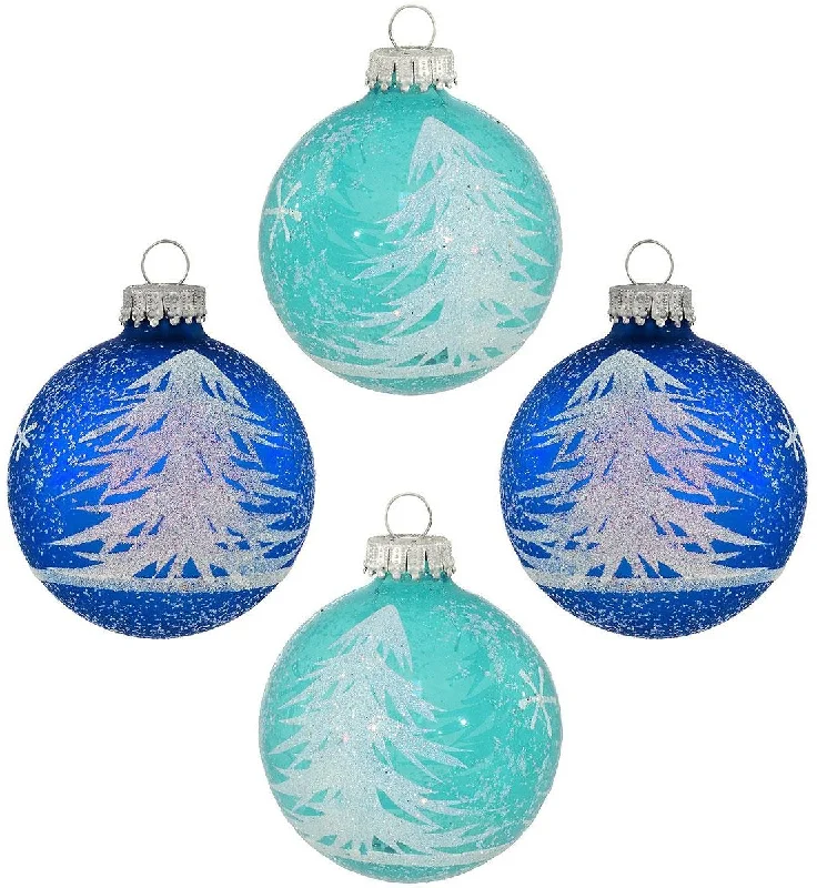 Set of 4 Feathery Tree Glass Ornaments (Aqua/Blue)