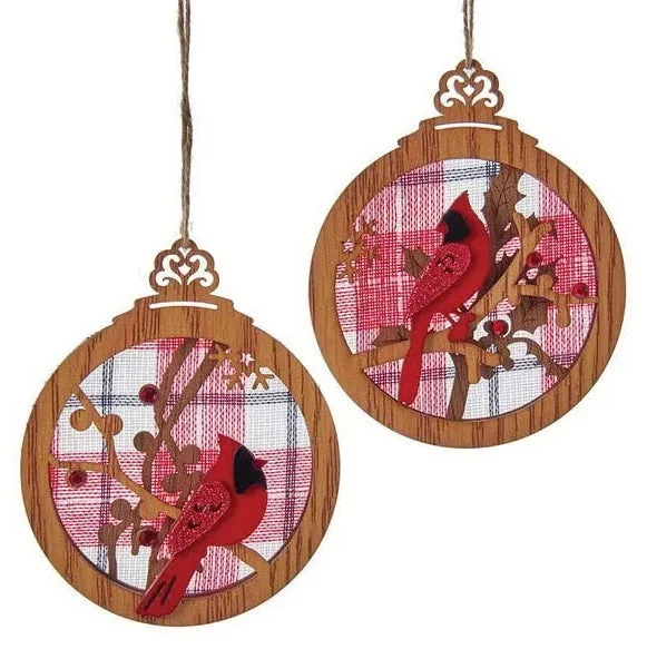 5.3" Round Plaid Cardinal Ornament