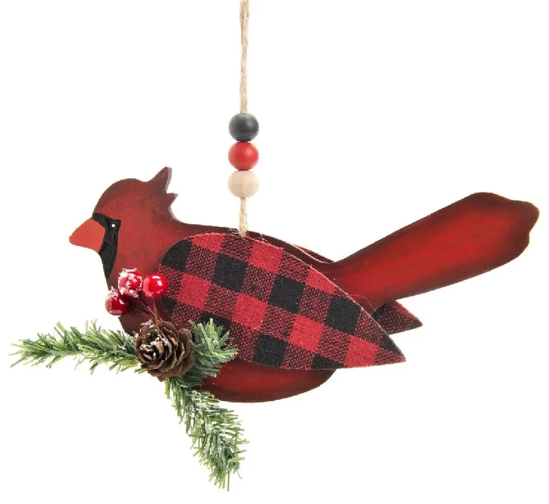 6" Black and Red Buffalo Check Cardinal Ornament