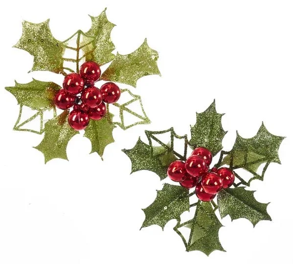 6" Glitter Holly Leaves with Berry Clip-On Ornament