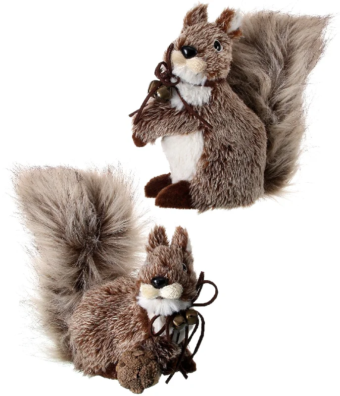 7" Furry Squirrel with Leather Bow & Bell Ornament