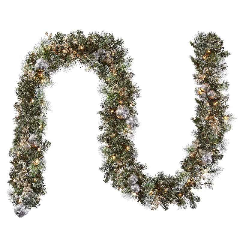 9 ft. Pre-Lit Glittery Pine Pomegranate Garland with Clear Lights