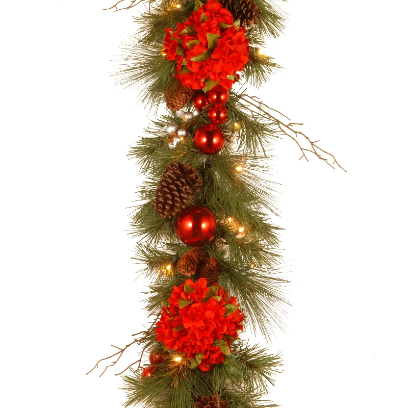 9 ft. Pre-Lit Hydrangea Pine Garland with Warm White LED Lights