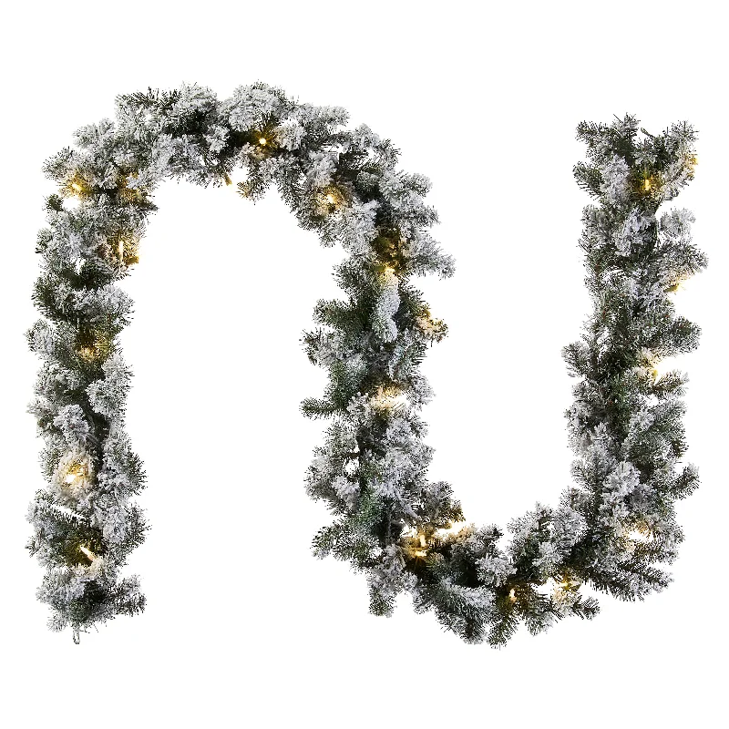 9 ft. Pre-Lit Snowy Camden Garland with Clear Lights