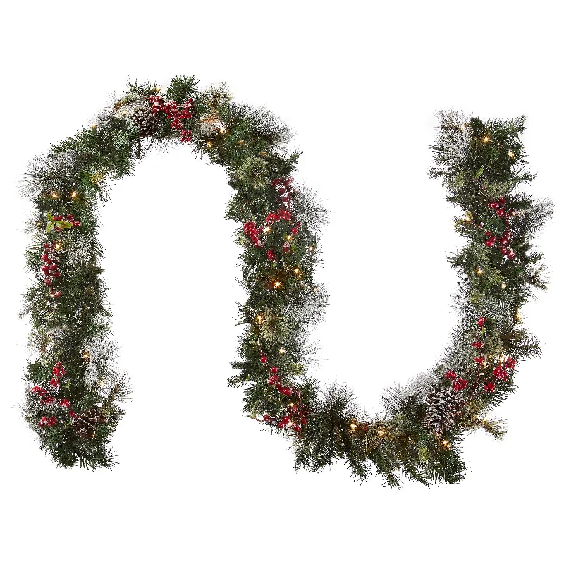 9 ft. Pre-Lit Wintry Berry Garland with Clear Lights, Plug-In