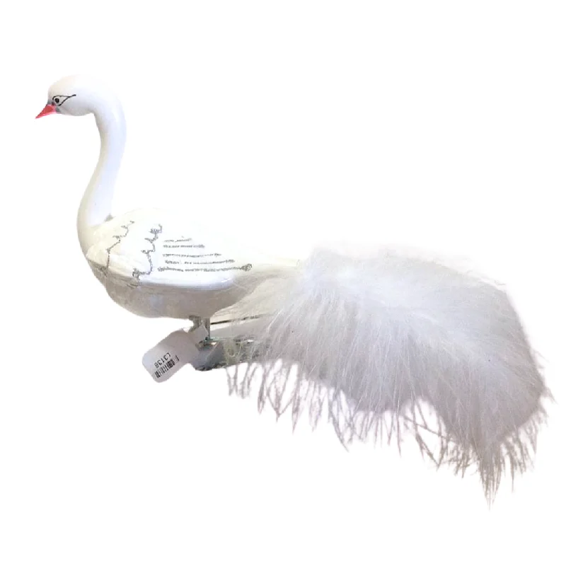 Big White Swan with Feather Tail Ornament by Glas Bartholmes