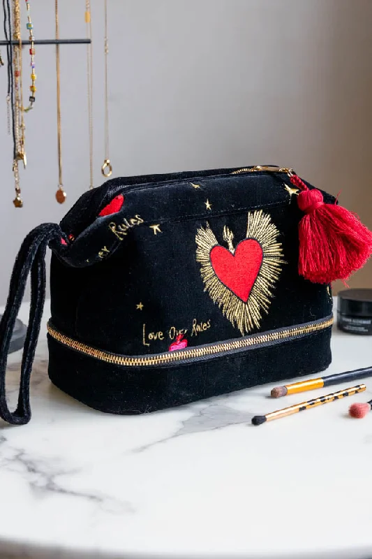 Black Milagro Heart Velvet Wash Bag