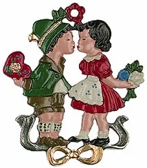 Boy and Girl Kissing Pewter Ornament by Kuehn Pewter, Painted on One Side