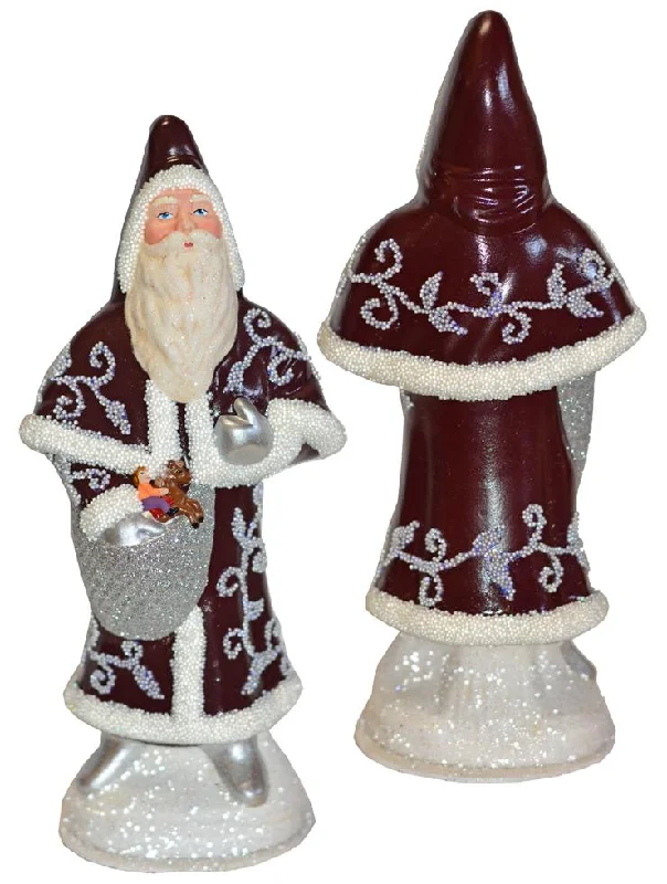 Santa in Cloak, Paper Mache Candy Container, burgandy with grey trim, by Ino Schaller