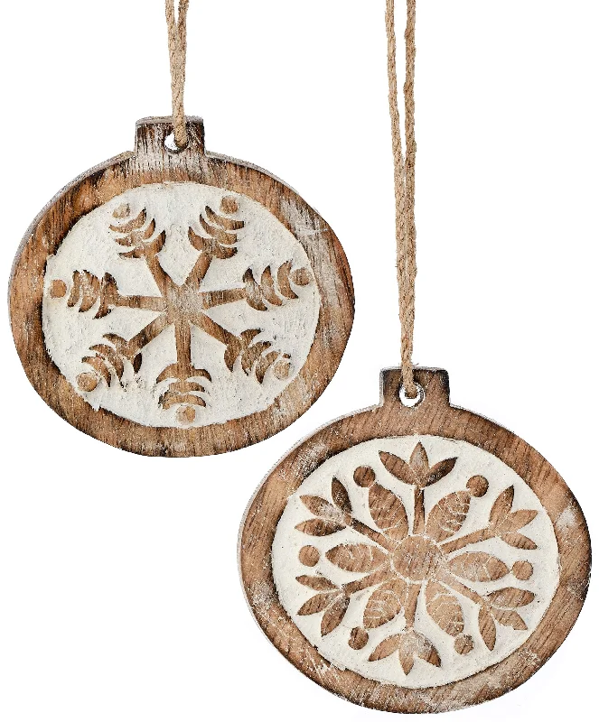 3.5" Carved Wooden Snowflake Disc Ornament