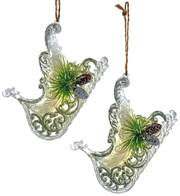 4.3" Clear, Ivory and Sage Sled with Pine Cone Ornament