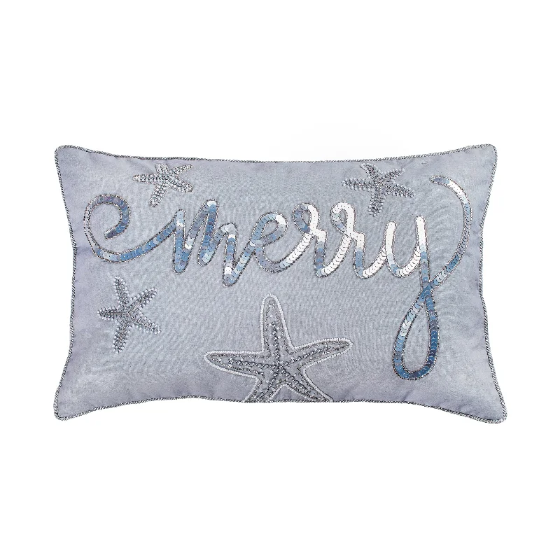 14 in by 22 in. Coastal Merry Embroidered Pillow, Blue, Silver