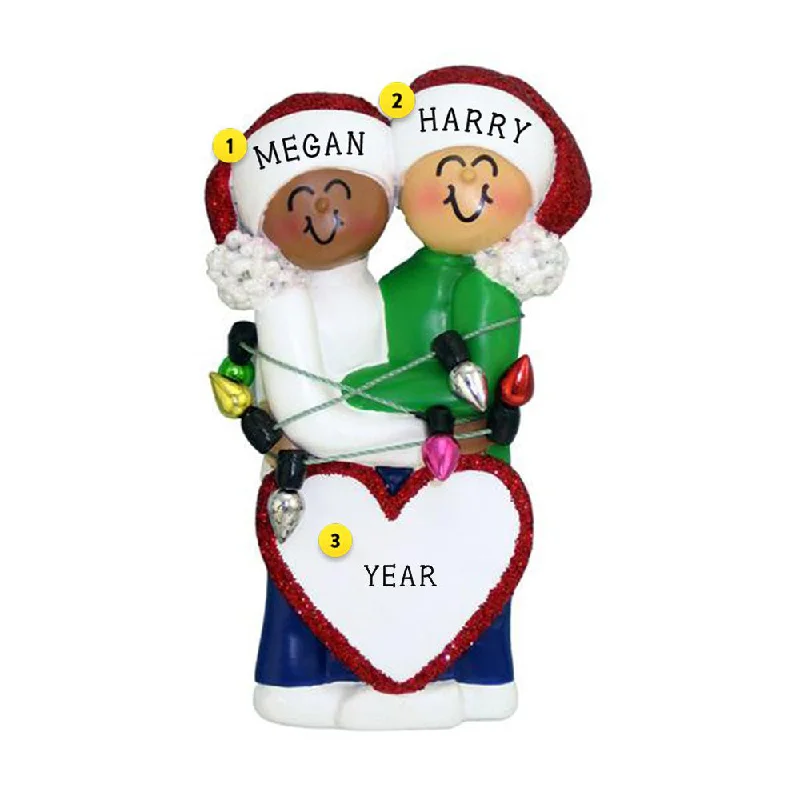 Personalized Couple Wrapped in Lights- African American Female, Caucasian Male