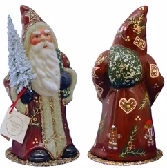 Dark Red Santa with Gingerbread Decor Paper Mache Candy Container by Ino Schaller