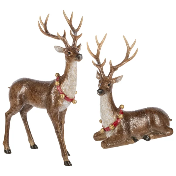 Deer w/Bell Wreath Figurine (Set of 2)