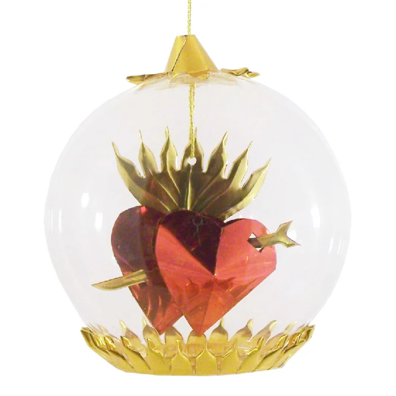 Double Heart Foil Ornament, red with gold flame by Resl Lenz