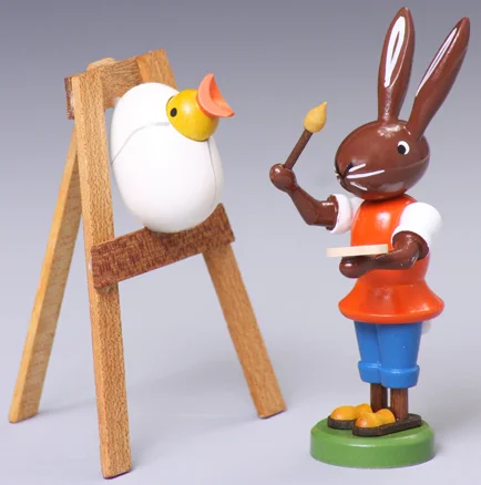 Egg and Chick Painter Rabbit Wooden Figurine byThomas Preissler