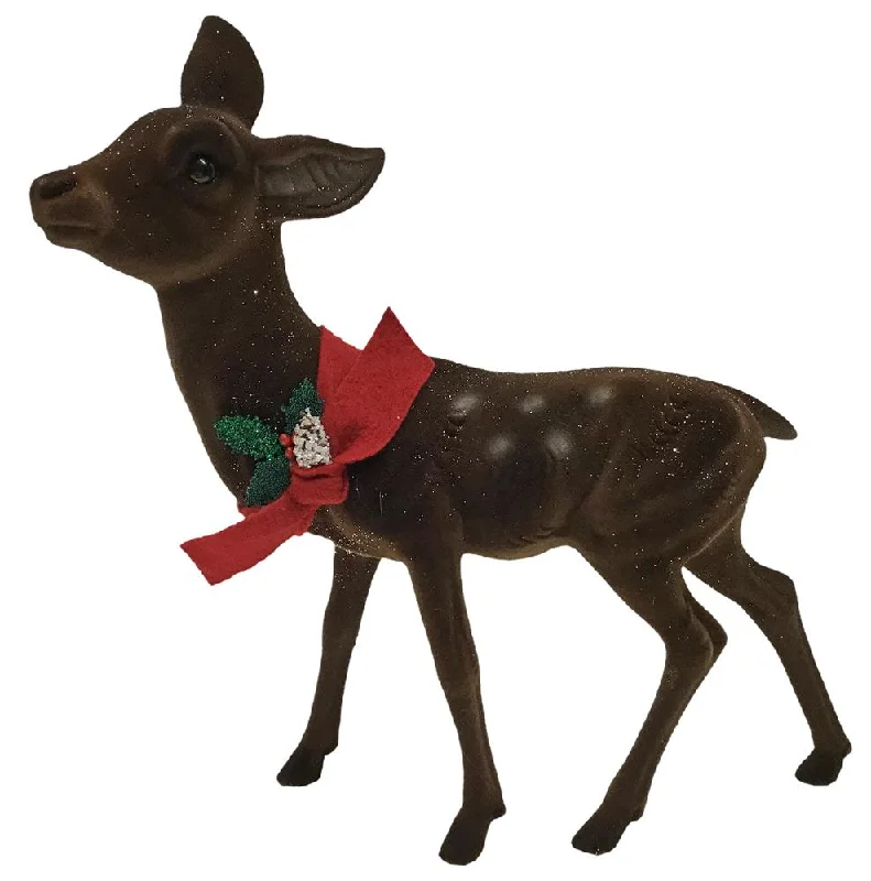 Deer, brown flocked with red scarf and holly, Plastic Figure by Ino Schaller