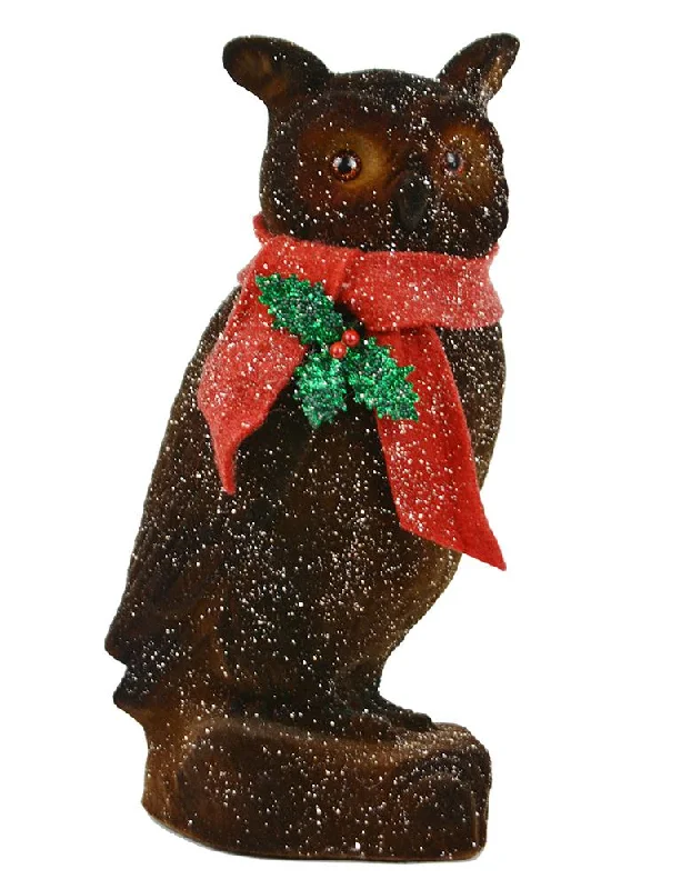 Flocked Owl with Red Scarf Figurine by Ino Schaller