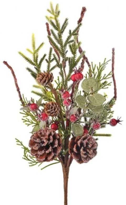 20" Frosted Mix Greens, Pine Cones and Berries Pick Spray