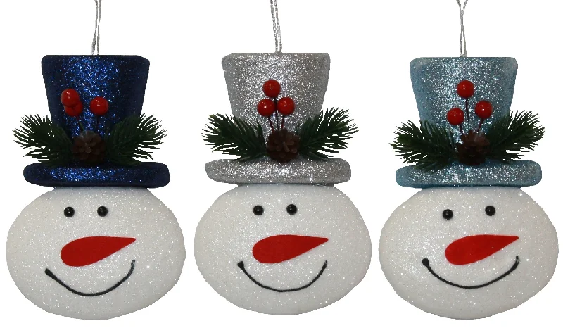 Glittered Smiling Snowman Ornament (Navy Blue/Silver/Light Blue)