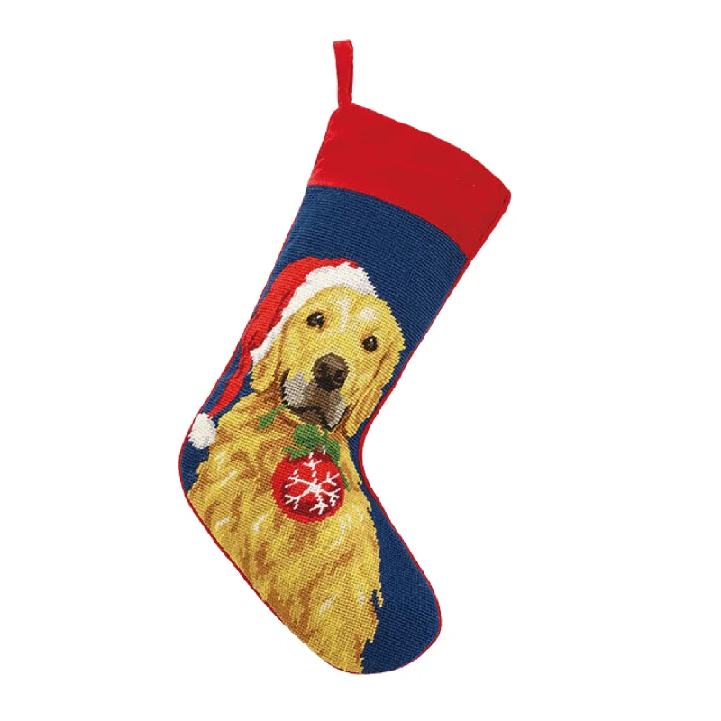 Golden Retriever With Ornament Needlepoint Christmas Stocking