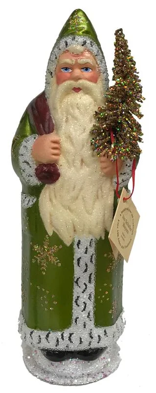 Green with Gold Stars Santa, One of a Kind Paper Mache Candy Container by Ino Schaller