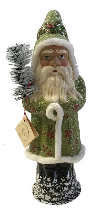 Green Shiny Santa with Holly Leaf Decor, Paper Mache Candy Container by Ino Schaller