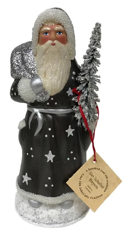 Grey Santa with Snowflakes, One of a Kind Paper Mache Candy Container by Ino Schaller