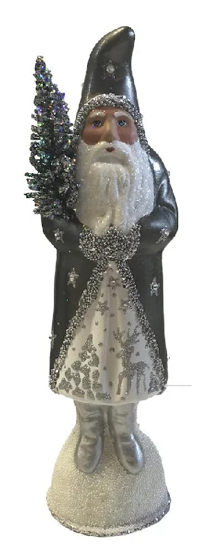 Gunmetal Santa with White Stars and Swarovski Crystal, Paper Mache Candy Container by Ino Schaller