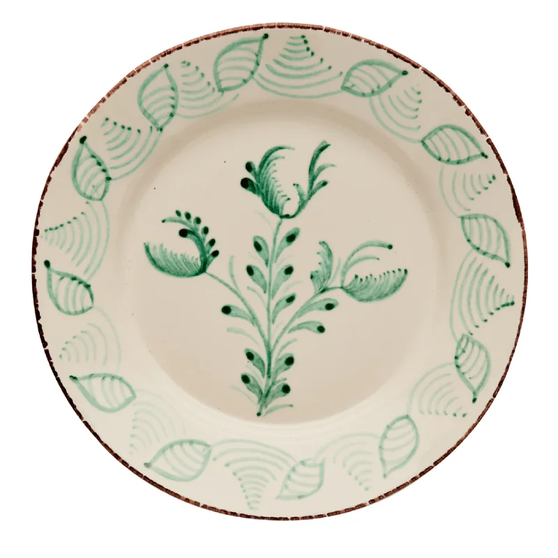 Hand Painted Green & White Flowers and Shells Dinner Plates