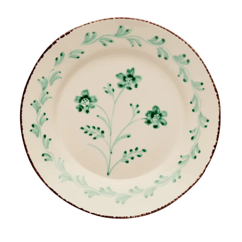 Hand Painted Green & White Flowers and Vines Dinner Plates