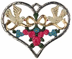 Heart with Doves and Flowers, Painted on Both Sides Pewter Ornament by Kuehn Pewter