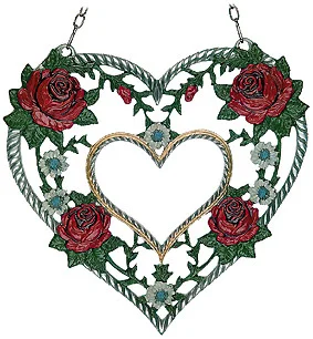 Heart within Heart of Roses, Painted on One Side, Hanging Pewter Ornament by Kuehn Pewter