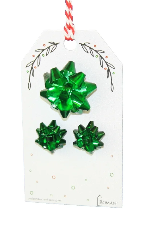 Holiday Bow Earring and Pin Set - Green